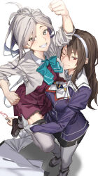 1boy 2girls admiral_(kancolle) artist_request asashimo_(kancolle) ashigara_(kancolle) ashigara_kai_ni_(kancolle) black_skirt blush boots breasts brown_hair clenched_hands commentary_request gloves grey_eyes grey_hair grey_pantyhose grey_thighhighs grin hair_over_one_eye hairband highres jacket kantai_collection long_hair long_sleeves looking_at_viewer multiple_girls one_eye_closed pantyhose pencil_skirt purple_jacket red_eyes school_uniform second-party_source sharp_teeth skirt smile teeth thighhighs white_gloves