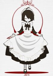 1boy ahoge apron awawah88 black_dress black_hair black_ribbon black_sandals blood bloody_knife blush_stickers closed_eyes closed_mouth clothes_lift cross crossdressing dress dress_lift frilled_apron frills funamusea hair_over_one_eye highres holding holding_knife knife kurai_shinya leg_up maid maid_apron maid_day maid_headdress male_focus mogeko_castle ribbon sandals short_hair signature simple_background solo white_apron white_background