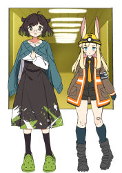 2girls animal_ears blonde_hair blue_eyes boots brown_eyes brown_hair green_shoes hard_hat helmet highres kounosu_satori long_skirt looking_at_viewer multiple_girls necktie orange_necktie original rabbit_ears rabbit_girl shoes skirt sweater