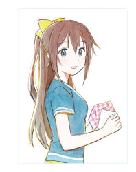 1girl artbook blue_eyes blue_shirt bow brown_hair hair_between_eyes hair_bow highres holding long_hair looking_at_viewer love_live! love_live!_nijigasaki_high_school_idol_club neo_sky_neo_map!_(love_live!) non-web_source official_art open_mouth osaka_shizuku ponytail shirt short_sleeves sidelocks simple_background smile solo upper_body white_background yellow_bow