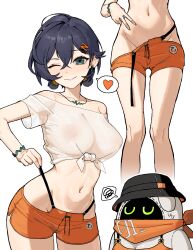 1girl absurdres belle_(zenless_zone_zero) blue_hair blush bracelet breasts bucket_hat cleavage commentary covered_erect_nipples dolphin_shorts earrings eous_(zenless_zone_zero) green_eyes hair_between_eyes hat heart highres holding_strap jewelry liminal0803 medium_breasts midriff multiple_views navel necklace nose_blush off-shoulder_shirt off_shoulder one_eye_closed see-through_clothes see-through_shirt shirt short_hair shorts simple_background smile speech_bubble spoken_heart stomach strap_slip tied_shirt white_background zenless_zone_zero