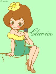 1girl absurdres animification blue_dress blue_eyes bow brown_hair clarice_(disney) disney dress eyelashes flower full_body hair_flower hair_ornament highres humanization kunou0711 looking_at_viewer mickey_mouse_&amp;_friends personification short_hair smile solo
