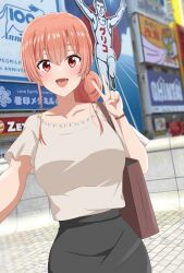 Rule 34 | 1girl, aged up, bag, blush, breasts, dars (recolors), doutonbori, hair bun, handbag, highres, long hair, looking at viewer, office lady, open mouth, osaka (city), pink hair, shirt, single hair bun, single side bun, skirt, smile, solo, v, yahari ore no seishun lovecome wa machigatteiru., yuigahama yui