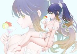 1girl alternate_costume alternate_hairstyle aqua_hair ass barefoot bikini blue_background breasts brown_hair closed_mouth collarbone commentary cup drink english_commentary food fruit full_body glass hair_ornament hair_scrunchie highres holding holding_cup indie_virtual_youtuber large_breasts lime_(fruit) lime_slice long_hair lua_asuka outline ponytail profile purple_hair saltylemontea scrunchie second-party_source sitting smile swimsuit virtual_youtuber white_bikini white_outline white_scrunchie yellow_eyes zoom_layer