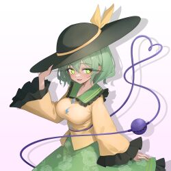 1girl absurdres black_hat blouse breasts bright_pupils buttons commentary_request diamond_button floral_print frilled_shirt_collar frilled_skirt frilled_sleeves frills green_eyes green_hair green_skirt grey_background hair_between_eyes hand_on_headwear hat hat_ribbon heart heart_of_string highres koishi_day komeiji_koishi large_breasts long_eyelashes long_sleeves print_skirt ribbon rose_print shirt short_hair skirt smile solo sugar_you taut_clothes taut_shirt third_eye touhou white_pupils wide_sleeves yellow_ribbon yellow_shirt