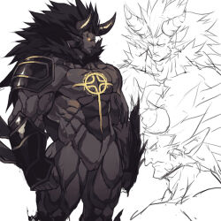 1boy abs armor avenger_(dungeon_and_fighter) bara beard body_fur chest_tattoo colored_sclera colored_skin cross_tattoo demon_boy demon_horns dungeon_and_fighter facial_hair feet_out_of_frame glowing glowing_eyes grey_skin horns immortal_(dungeon_and_fighter) long_hair looking_to_the_side male_focus male_priest_(dungeon_and_fighter) mature_male monster_boy multiple_views muscular muscular_male nikism no_nipples nude obliques pauldrons pectorals pointy_ears priest_(dungeon_and_fighter) short_hair shoulder_armor sideburns sketch spiked_hair stomach tattoo thick_eyebrows thick_thighs thighs vambraces yellow_sclera