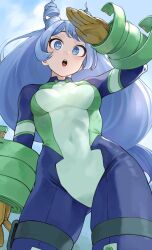 1girl absurdres blue_bodysuit blue_eyes blue_hair bodysuit boku_no_hero_academia breasts drill_hair fengling_(furin-jp) gloves green_bodysuit hado_nejire hair_horns highres large_breasts long_hair looking_at_viewer multicolored_bodysuit navel open_mouth simple_background skin_tight solo superhero_costume twin_drills very_long_hair yellow_gloves