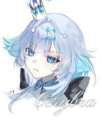 Rule 34 | 1girl, absurdres, blue eyes, blue hair, cerydra (honkai: star rail), character name, chinese commentary, closed mouth, commentary request, cropped head, crown, highres, honkai: star rail, honkai (series), long hair, simple background, solo, white background, zixingchunyi