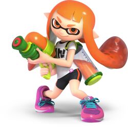 Rule 34 | 1girl, 3d, absurdres, bare arms, bike shorts, eye mask, full body, gradient hair, highres, holding, holding weapon, ink tank (splatoon), inkling, inkling girl, inkling player character, kaori (splatoon), long hair, looking at viewer, multicolored hair, nintendo, official art, orange eyes, orange hair, pink shoes, shirt, shoelaces, shoes, short eyebrows, short hair with long locks, sidelocks, smile, sneakers, solo, splatoon (series), splatoon 1, splattershot (splatoon), spotted hair, standing, suction cups, super smash bros., t-shirt, tentacle hair, thick eyebrows, transparent background, two-tone hair, v-shaped eyebrows, weapon, white shirt