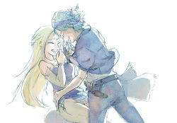 1boy 1girl bandana belt blonde_hair celes_chere couple dagger final_fantasy final_fantasy_vi hatomugi_oekaki highres jacket knife locke_cole long_hair pants sash sheath sheathed shirt short_hair square_enix strapless strapless_shirt weapon