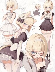 &gt;_&lt; 1girl absurdres animal_ears apron artist_name black-framed_eyewear black_bow black_choker black_dress black_shoes blonde_hair blue_eyes blush bob_cut bow cat_ears choker closed_mouth crying dress flying_sweatdrops frilled_dress frilled_hairband frills garter_straps glasses hairband highres looking_at_viewer multiple_views one_eye_closed oosuzuki_kurara open_mouth pakimoti puffy_sleeves shoes short_hair tearing_up tears the_hundred_line_-last_defense_academy- thighhighs twitter_username white_apron white_background white_bow white_dress white_hairband white_thighhighs zoom_layer