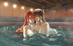 2girls absurdres black_hair blue_hair blush breasts closed_mouth elizabeth_rose_bloodflame fire_on_chest harikyon_dzs highres hololive hololive_english horns large_breasts long_hair multicolored_hair multiple_girls naked_towel nerissa_ravencroft open_mouth partially_submerged red_hair same-sex_bathing shared_bathing teeth tongue towel upper_teeth_only virtual_youtuber water yuri