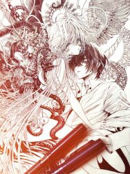 1boy 1girl art_tools_in_frame ass asymmetrical_wings aya_carmine body_horror breasts clothed_male_nude_female commentary_request expressionless feathered_wings flower_wings formal_clothes girl_on_top greyscale hetero highres hitomi_hirosuke_(sayonara_wo_oshiete) jacket leaf_wings long_hair looking_at_viewer mismatched_wings monochrome necktie nipples nude off_shoulder open_clothes open_jacket parted_lips photo_(medium) plant_wings sayonara_wo_oshiete small_breasts straddling suction_cups sugamo_mutsuki suit tendril tentacles traditional_media very_long_hair wings