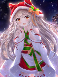 Rule 34 | 1girl, :d, absurdres, animal ears, azur lane, blush, brown eyes, cowboy shot, detached sleeves, fake animal ears, female focus, floating hair, fox ears, fur-trimmed skirt, fur hat, fur trim, hat, highres, huge filesize, ichizon, japanese clothes, kimono, long hair, long sleeves, looking at viewer, miniskirt, open mouth, red hat, red skirt, ribbon-trimmed legwear, ribbon trim, silver hair, skirt, sleeveless, sleeveless kimono, smile, snowing, solo, standing, thighhighs, very long hair, white kimono, white sleeves, white thighhighs, wide sleeves, yuudachi (azur lane), zettai ryouiki