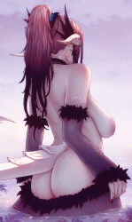 Rule 34 | 1girl, ass, au ra, black hair, breasts, brown hair, butt crack, commentary, detached sleeves, dragon horns, dragon tail, english commentary, facing away, final fantasy, final fantasy xiv, from behind, fur-trimmed sleeves, fur trim, gradient hair, highres, horns, large breasts, long hair, multicolored hair, nail polish, nipples, plexi, ponytail, red nails, scales, see-through clothes, see-through sleeves, solo, soranamae, standing, tail, topless female, undressing, water