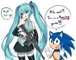 1boy 1girl animal_ears animal_nose aqua_eyes aqua_hair aqua_necktie bib_(bibboss39) black_boots blue_fur boots commentary cowboy_shot english_commentary english_text fortnite furry furry_male gloves green_eyes grey_shirt gun hatsune_miku hedgehog_boy holding holding_weapon looking_at_another necktie rifle shirt sleeveless sleeveless_shirt sonic_(series) sonic_racing:_crossworlds sonic_the_hedgehog speech_bubble standing thigh_boots trigger_discipline twintails v-shaped_eyebrows vocaloid weapon white_background white_gloves