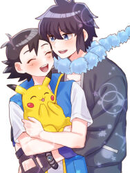 Rule 34 | 2boys, :d, alain (pokemon), ash ketchum, black hair, black jacket, blue eyes, blue scarf, blue vest, blush, bracelet, closed eyes, commentary request, floating scarf, gen 1 pokemon, gloves, hair between eyes, happy, highres, holding, holding pokemon, jacket, jewelry, male focus, mochi (mocchi p 2m), multiple boys, nintendo, open mouth, pikachu, pokemon, pokemon (anime), pokemon (creature), pokemon journeys, scarf, shirt, short hair, short sleeves, smile, teeth, tongue, upper teeth only, vest, white shirt