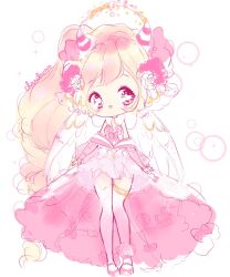 1girl absurdly_long_hair angel_wings ankle_bow ankle_ribbon asymmetrical_dress bad_id bad_twitter_id blonde_hair bow braid bright_pupils chibi commentary demon_horns detached_sleeves dress english_commentary eyelashes feathered_wings floral_print flower hair_flower hair_ornament happy heart heart-shaped_pupils highres honeymoonpetal horns light_blush long_dress long_hair long_sleeves mary_janes multicolored_horns open_mouth original pink_dress pink_eyes pink_flower pink_horns pink_shoes pink_sleeves pink_thighhighs puffy_long_sleeves puffy_sleeves ribbon shoes side_ponytail signature simple_background single_braid sketch smile solo sparkle standing striped_horns symbol-shaped_pupils tareme thighhighs two-tone_horns very_long_hair white_background white_horns white_pupils white_wings wings