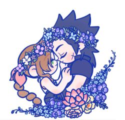 Rule 34 | 105zz, 1boy, 1girl, aerith gainsborough, armor, bare shoulders, black hair, blue flower, braid, braided ponytail, brown hair, closed eyes, closed mouth, commentary request, couple, crisis core final fantasy vii, cross scar, dress, facial scar, facing another, final fantasy, final fantasy vii, flower, from side, green eyes, hair ribbon, hand on another&#039;s cheek, hand on another&#039;s face, head wreath, looking at another, parted bangs, pink flower, pink ribbon, ponytail, profile, purple flower, ribbon, scar, scar on cheek, scar on face, shoulder armor, sleeveless, sleeveless dress, smile, spiked hair, upper body, white background, white dress, yellow flower, zack fair