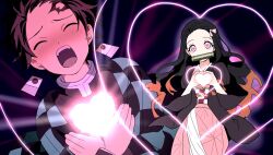 Rule 34 | 1boy, 1girl, black hair, blush, brother and sister, brown hair, bucchigiri?!, checkered clothes, checkered jacket, earrings, forehead, glowing heart, hair ribbon, heart, heart hands, highres, jacket, jewelry, jihecchi, kamado nezuko, kamado tanjirou, kimetsu no yaiba, long hair, love je t&#039;aime, open mouth, pink eyes, pink ribbon, ribbon, scar, scar on face, scar on forehead, siblings, upper body, very long hair