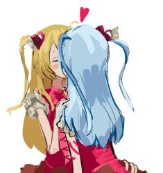 Rule 34 | 2girls, blonde hair, blue hair, blush, bow, bowtie, closed eyes, cosplay, don quixote (project moon), dress, e.g.o (project moon), hair ornament, hand on another&#039;s shoulder, heart, heart hair ornament, holding, in the name of love and hate (e.g.o), jokezm, kiss, limbus company, lobotomy corporation, lobotomy corporation (identity) (project moon), long hair, looking at another, magical girl, multiple girls, pink bow, pink bowtie, pink vest, project moon, queen of hatred, queen of hatred (cosplay), shirt, simple background, skirt, very long hair, vest, yuri