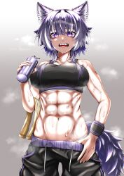 1girl abs absurdres animal_ears bare_shoulders black_shorts black_sports_bra bottle breasts clothes_pull collarbone commentary_request cowboy_shot gradient_background grey_background grey_hair groin hair_between_eyes highres ho_seppen holding holding_bottle large_breasts looking_at_viewer medium_hair midriff muscular muscular_female navel open_mouth original purple_eyes sharp_teeth short_hair shorts shorts_pull sidelocks simple_background solo sports_bra sportswear standing steaming_body sweat sweatband tail teeth towel towel_on_arm very_sweaty water_bottle wolf_cut wolf_ears wolf_girl wolf_tail