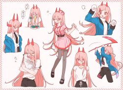 Rule 34 | animal, black necktie, black pants, blood, blood on clothes, cat, chainsaw man, clipboard, collared shirt, cross-shaped pupils, demon girl, demon horns, hair between eyes, hair ornament, hairclip, hamo (maca-roon), hat, hemokinesis, highres, holding, holding animal, holding cat, holding clipboard, holding needle, holding scythe, holding snowball, horns, jacket, long hair, meowy (chainsaw man), necktie, needle, nurse, nurse cap, pants, power (chainsaw man), red horns, scythe, sharp teeth, shirt, shirt partially tucked in, simple background, snowball, symbol-shaped pupils, teeth, thighhighs, vomiting, vomiting rainbows, white shirt, zettai ryouiki