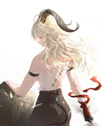 1girl arm_strap ass back black_gloves black_horns black_pants black_tail blonde_hair breasts chinese_commentary closed_mouth commentary_request curled_horns from_behind gloves high-waist_pants highres holding holding_shirt holding_unworn_clothes horns kuro_- large_breasts long_hair looking_at_viewer necktie necktie_around_wrists pants partial_commentary profile red_eyes red_necktie shield shirt simple_background solo tacet_mark_(wuthering_waves) topless_female torn_clothes torn_shirt unworn_shirt white_background white_shirt wuthering_waves zani_(wuthering_waves)