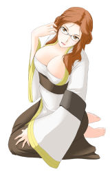 1girl adjusting_hair arch_bishop_(ragnarok_online) arunafeltz aruni_(ro) barefoot breasts brown_eyes brown_hair cleavage covered_erect_nipples curly_hair female_focus glasses kanzuki_yuu kneeling large_breasts long_hair niren niren_(ragnarok_online) ragnarok_online solo yu.kanduki