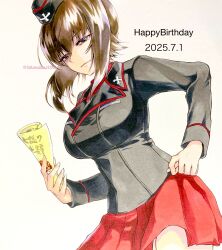 Rule 34 | 1girl, black hat, black jacket, breasts, brown eyes, brown hair, cowboy shot, cross, garrison cap, girls und panzer, half-closed eyes, hand on own hip, happy birthday, hat, highres, holding, holding paper, iron cross, jacket, kuromorimine military uniform, large breasts, long sleeves, looking at viewer, marker (medium), military, military hat, military uniform, miniskirt, nishizumi maho, paper, pleated skirt, red shirt, red skirt, sawamaru30, shirt, short hair, simple background, skirt, smile, solo, traditional media, twitter username, white background