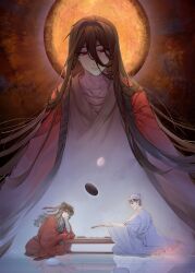 3boys absurdres bandaged_arm bandaged_chest bandages black_hair black_hanfu board_game brown_hair calligraphy_brush chess_piece chessboard chinese_clothes chinese_commentary closed_mouth coat dao_gui_yi_xian dual_persona expressionless eyelashes floating floating_hair folded_fan folding_fan full_body full_moon go_(board_game) hair_between_eyes hair_bun hair_down hair_ribbon half-closed_eyes half_updo hand_fan hand_on_own_cheek hand_on_own_face hanfu hat head_rest highres holding holding_fan implied_yaoi ji_zai jin_(headwear) kongsheng li_huowang long_hair long_sleeves looking_at_another looking_at_viewer looking_down male_focus moon multiple_boys multiple_views official_alternate_hair_length official_alternate_hairstyle on_floor open_clothes open_coat outstretched_arm paintbrush parted_lips playing_chess profile red_coat red_eyes red_ribbon reflection reflective_floor ribbon robe sash scar scar_on_neck single_hair_bun sitting table torn_clothes updo upper_body very_long_hair white_hanfu white_hat wide_sleeves zhouzi_jin_(headwear) zhuge_yuan