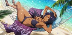 Rule 34 | 1girl, arm on own head, bare shoulders, beach, beach towel, bleach, bleach: brave souls, bleach: sennen kessen-hen, breasts, collarbone, criss-cross straps, crossed legs, dark-skinned female, dark skin, female focus, floral print, hair down, hammock, large breasts, long hair, looking at viewer, ocean, official art, palm leaf, parted lips, purple hair, sand, sarong, shihouin yoruichi, shiny skin, sunlight, towel, yellow eyes