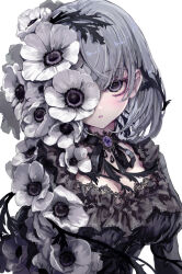1girl black_dress blush breasts brooch cleavage commentary_request dress flower grey_eyes grey_hair highres jewelry long_eyelashes looking_at_viewer medium_breasts medium_hair missile228 one_eye_covered original parted_lips purple_brooch solo tagme white_background white_flower