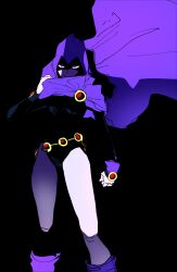1girl :/ absurdres adjusting_clothes belt black_background black_leotard blending boots clenched_hand cloak closed_mouth colored_skin dc_comics feet_out_of_frame floating_cape gem glowing glowing_eyes grey_skin hand_up highres hood hood_up isaacchief300 knees leotard long_sleeves looking_at_viewer purple_boots purple_cloak purple_cuffs purple_eyes raven_(dc) red_gemstone shaded_face sleeve_cuffs sleeved_leotard solo standing straight-on superhero_costume teen_titans thighs