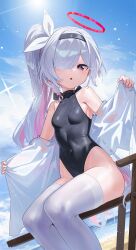 1girl :o absurdres alternate_hairstyle bare_shoulders black_hairband black_leotard blue_archive blue_eyes blue_sky blush breasts cloud covered_navel dango_remi day hair_between_eyes hair_over_one_eye hairband halo highleg highres holding huge_filesize jacket leotard loli long_hair long_sleeves looking_at_viewer multicolored_hair off_shoulder one-piece_swimsuit outdoors parted_lips plana_(blue_archive) purple_eyes side_ponytail sitting sky small_breasts solo swimsuit thighhighs thighs very_long_hair water white_hair white_thighhighs wings