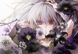 1girl arm_up bandaged_arm bandages black_choker black_flower black_hair choker closed_mouth collarbone commentary cross-laced_clothes cross-laced_top double-parted_bangs empty_eyes flower flower_(vocaloid) flower_(vocaloid3) grey_shirt hair_between_eyes highres light_frown long_hair long_sleeves looking_at_viewer messy_hair multicolored_hair pink_eyes portrait see-through_clothes see-through_sleeves shirt simple_background single_sleeve solo straight-on streaked_hair two-tone_hair um1227_l vocaloid white_background white_flower white_hair