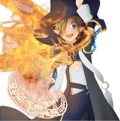 Rule 34 | 1boy, black hat, black pants, brown hair, chain, coat, commentary request, cowboy shot, earrings, fire, green eyes, grey coat, hair over one eye, hat, jewelry, looking at viewer, magic, magic circle, male focus, meiko (nattu303), open clothes, open coat, open mouth, pants, pointy ears, pyrokinesis, ragnarok online, shirt, simple background, smile, solo, top hat, warlock (ragnarok online), white background, white shirt