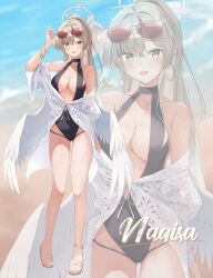 Rule 34 | 1girl, absurdres, adjusting eyewear, ameno sagiri (artist), angel wings, anklet, armpit crease, bangle, black one-piece swimsuit, blonde hair, blue archive, bracelet, breasts, character name, earrings, eyewear on head, feathered wings, gluteal fold, halo, highres, hoop earrings, jewelry, large breasts, long hair, looking at viewer, low wings, nagisa (blue archive), nagisa (swimsuit) (blue archive), official alternate costume, official alternate hairstyle, one-piece swimsuit, open mouth, pink halo, sandals, signature, solo, swimsuit, tinted eyewear, wet, white wings, wings, yellow eyes, zoom layer