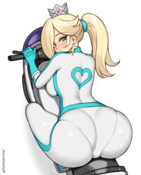 ass biker_rosalina blonde_hair blue_eyes blush bodysuit crown earrings from_above gloves hair_over_one_eye jewelry kuroonehalf long_hair mario_(series) mario_kart mini_crown motor_vehicle motorcycle nintendo pantylines ponytail rosalina skindentation star_(symbol) star_earrings