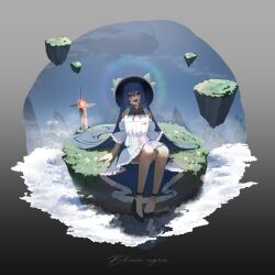 1girl absurdres alternate_costume apron black_hat blue_hair blue_shoes commentary english_commentary english_text fish floating_rock flower flying_fish fruit_hat_ornament hat hat_ornament high_heels highres hinanawi_tenshi leaf leaf_hat_ornament long_hair looking_up no_noru open_mouth outdoors peach_hat_ornament planted planted_sword planted_weapon rainbow_order red_eyes shoes sitting smile solo sword teeth touhou upper_teeth_only very_long_hair weapon white_apron white_flower