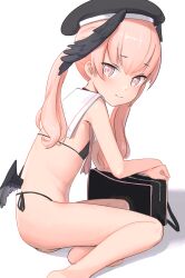 1girl bikini black_bikini blue_archive closed_mouth flat_chest hat highres koharu_(blue_archive) loli micro_bikini pink_eyes pink_hair shin_(shincrz) side-tie_bikini_bottom solo swimsuit
