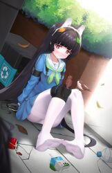 1girl absurdres animal_ears ass bird black_gloves black_hair blue_archive blunt_bangs can cola commentary_request drink_can gloves hairband halo highres j.j_(66752902) knees_up leaf leaf_on_head long_hair long_sleeves looking_at_viewer milk_carton miyu_(blue_archive) no_shoes pantyhose pleated_skirt rabbit_ears red_eyes school_uniform serafuku sidelocks sitting skirt soda_can soles solo trash_can white_pantyhose