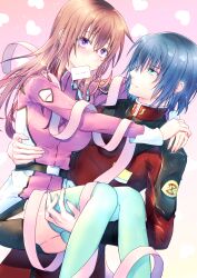 Rule 34 | 1boy, 1girl, absurdres, arm around waist, arms around neck, athrun zala, belt, black belt, blue hair, breasts, brown hair, card, carrying, carrying person, closed mouth, commentary request, cosplay, couple, english text, flay allster, flay allster (cosplay), genderswap, genderswap (mtf), gradient background, green eyes, green thighhighs, gundam, gundam seed, hair between eyes, heart, hetero, highres, hug, jacket, kira yamato, large breasts, long hair, long sleeves, looking at another, looking at viewer, military uniform, milkkapuriko, mouth hold, own hands together, pink background, pink jacket, pink ribbon, purple eyes, red jacket, ribbon, short hair, smile, thighhighs, zaft uniform
