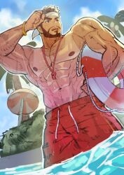 1boy abs alternate_costume arm_up beach_umbrella beard bracelet brown_eyes brown_hair clenched_hand cloud drawstring facial_hair groin headband highres holding holding_swim_ring innertube jewelry lifeguard looking_to_the_side male_focus male_swimwear mustache navel nipples outdoors palm_tree pectorals pool red_male_swimwear red_swim_trunks ryu_(street_fighter) short_hair sky solo street_fighter swim_ring swim_trunks tan tanline thick_eyebrows toshun_(momotoshi) tree umbrella water white_headband