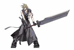 Rule 34 | 1boy, arm up, armor, black boots, black cape, black gloves, black pants, black vest, blonde hair, boots, cape, chest strap, cloud strife, fighting stance, final fantasy, final fantasy vii, final fantasy vii advent children, first ken, full body, fusion swords, gloves, hair between eyes, hair over eyes, highres, male focus, moyanwxy, pants, pauldrons, pink ribbon, ribbon, short hair, shoulder armor, single bare shoulder, single pauldron, solo, spiked hair, vest, waist cape, white background