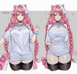 Rule 34 | 1girl, absurdres, animal ears, black choker, blue scrunchie, blush, braid, breasts, choker, closed mouth, commentary, cropped arm, cropped legs, english commentary, fingernails, grin, hair intakes, heart, highres, hololive, hololive english, keisea, large breasts, long hair, looking at viewer, meme, multicolored hair, nail polish, pajamas challenge (meme), panther ears, panther girl, panther tail, pink hair, pink nails, raora panthera, scrunchie, shirt, shirt tug, short sleeves, simple background, smile, solo focus, streaked hair, t-shirt, tail, thighs, twin braids, twintails, two-tone hair, virtual youtuber, white background, white shirt, wrist scrunchie, yellow eyes