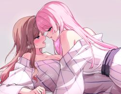 2girls after_kiss bang_dream! bang_dream!_it&#039;s_mygo!!!!! blue_eyes blush breasts brown_hair chihaya_anon cleavage commentary eye_contact grey_eyes highres japanese_clothes kimono large_breasts long_hair looking_at_another meu203 multiple_girls nagasaki_soyo open_mouth pink_hair pink_kimono saliva saliva_trail yuri