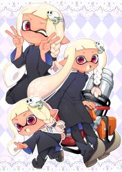 1girl absurdres black_boots black_dress black_pants blonde_hair boots braid chibi chibi_inset closed_mouth colored_tongue commentary commission dark-skinned_female dark_skin double_v dress earclip english_commentary fangs hands_up highres hydra_splatling_(splatoon) inkling inkling_girl inkling_player_character long_hair long_sleeves minamidena mixed-language_commentary multiple_views nintendo one_eye_closed open_mouth outline pants pixiv_commission pointy_ears pointy_footwear red_eyes single_braid smile splatoon_(series) tentacle_hair textless_version v white_outline wide_sleeves yellow_tongue