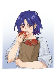1boy apple blue_hair blush eating fang food fruit gradient_background grey_background gundam gundam_gquuuuuux highres holding holding_food holding_fruit looking_at_viewer male_focus open_mouth red_eyes shirt short_hair shuji_ito solo upper_body white_background white_shirt yanjiayi15642