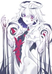 1girl black_eyes black_hair black_liquid character_request colored_inner_hair colored_skin cross-shaped_pupils dress halo highres long_hair multicolored_hair open_mouth punishing:_gray_raven red_eyes sharp_teeth solo symbol-shaped_pupils teeth upper_teeth_only white_background white_dress white_hair white_skin yukiharuorent
